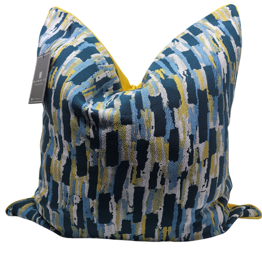 Peacock Designer Pillow Cover in Mixed Blues and Yellow