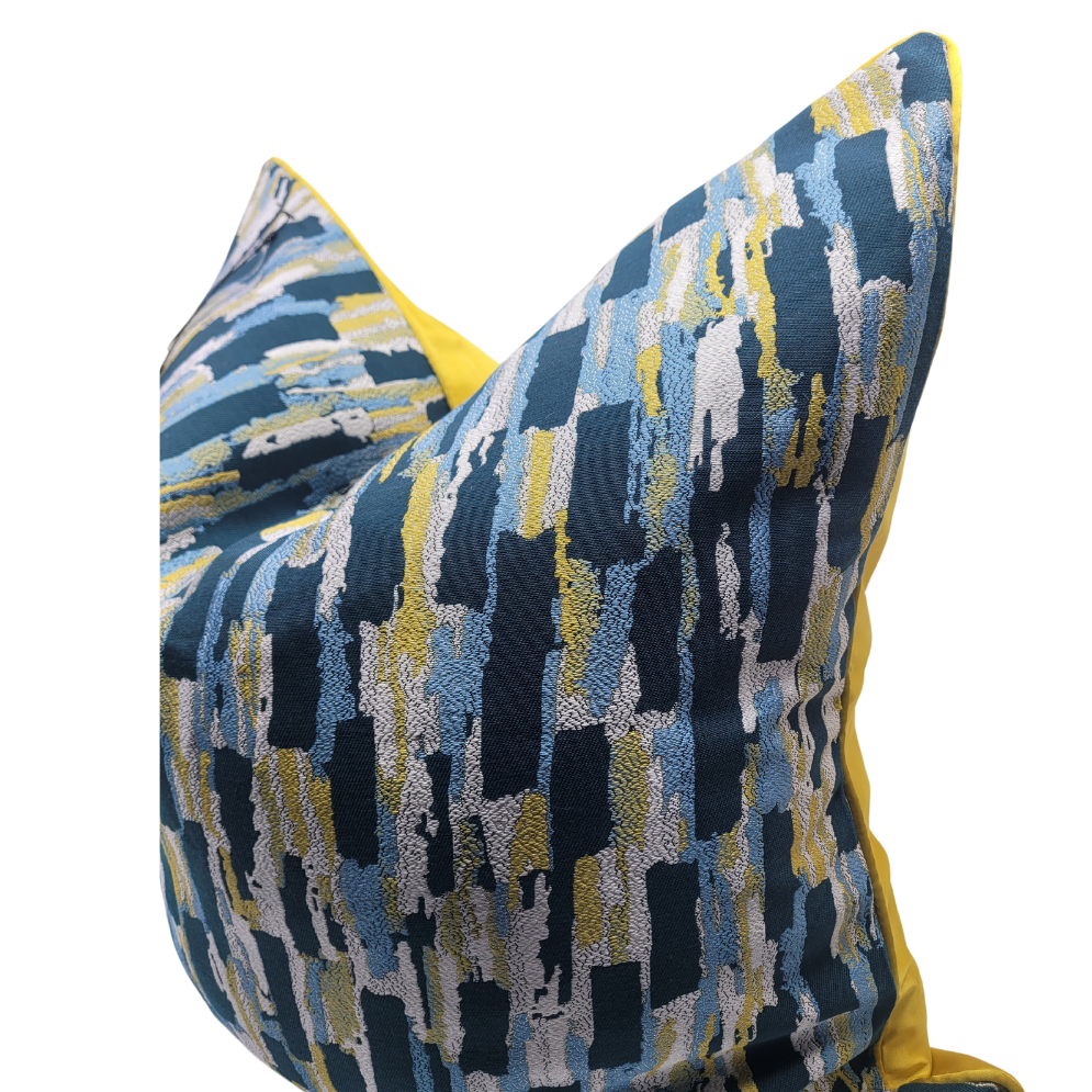 Peacock Designer Pillow Cover in Mixed Blues and Yellow